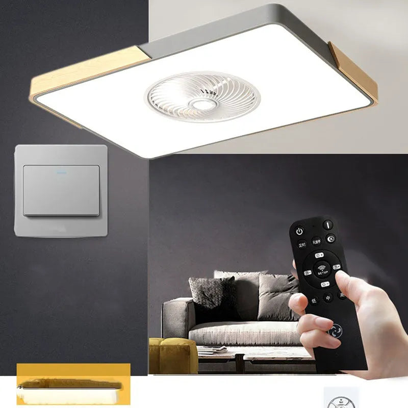 Nordic solid wood fan lamp with PVC shade in rectangular round or square shapes for living room