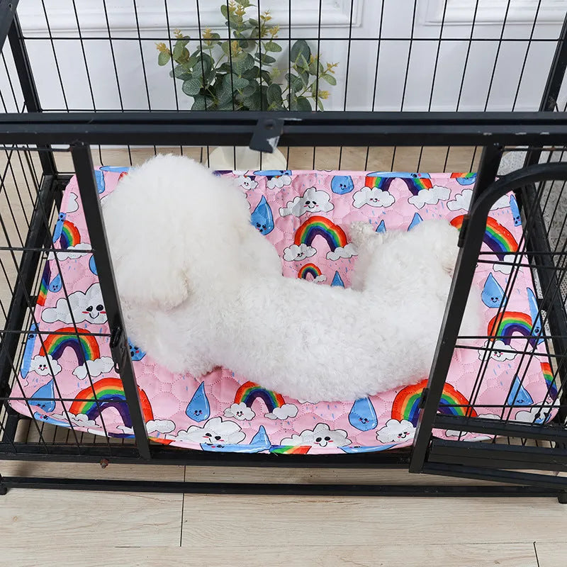 Reusable washable pet urine pad with colourful animal print and waterproof non-slip backing.