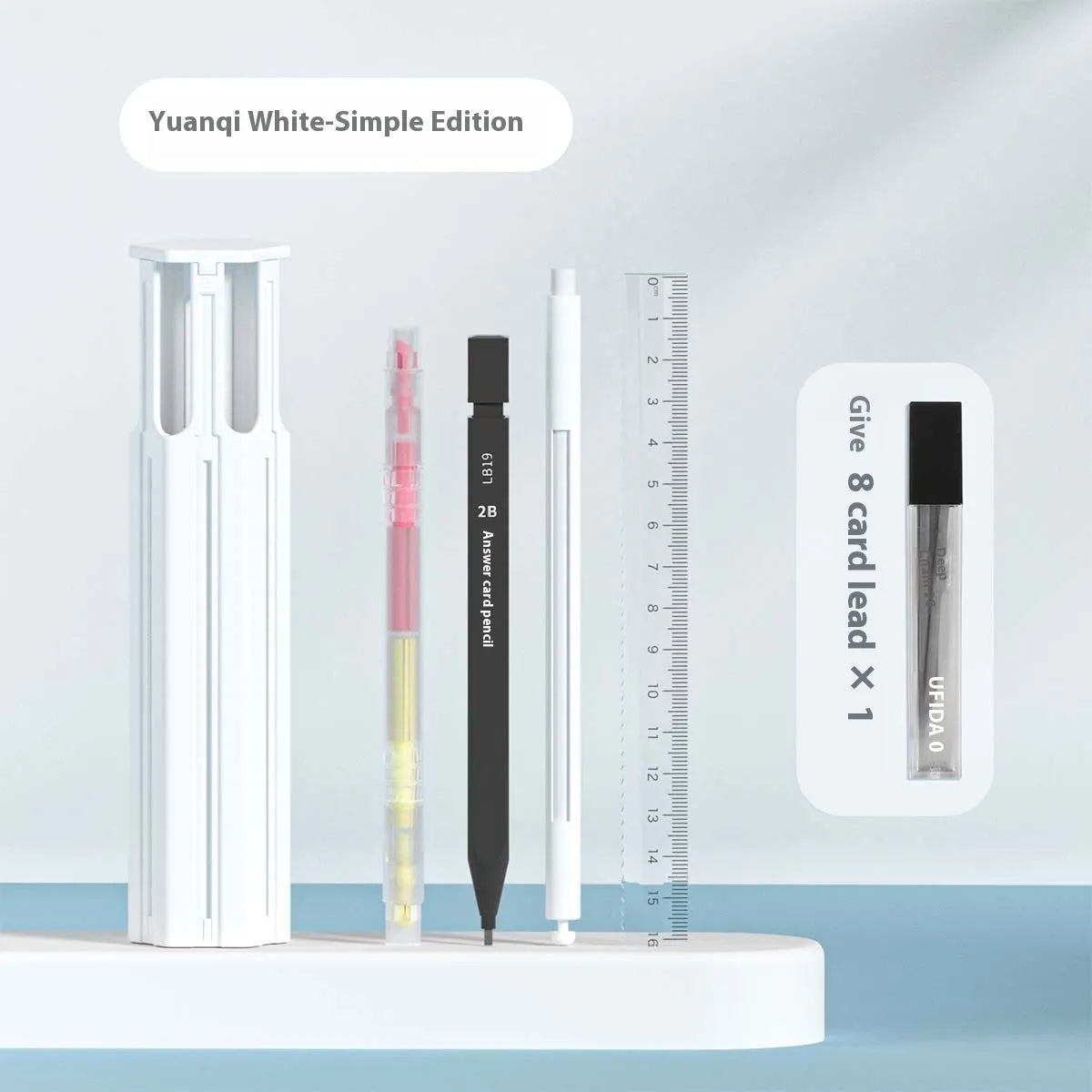 Plastic pencil case designed to hold six pens, shown in sky blue, white, and pink colour options.