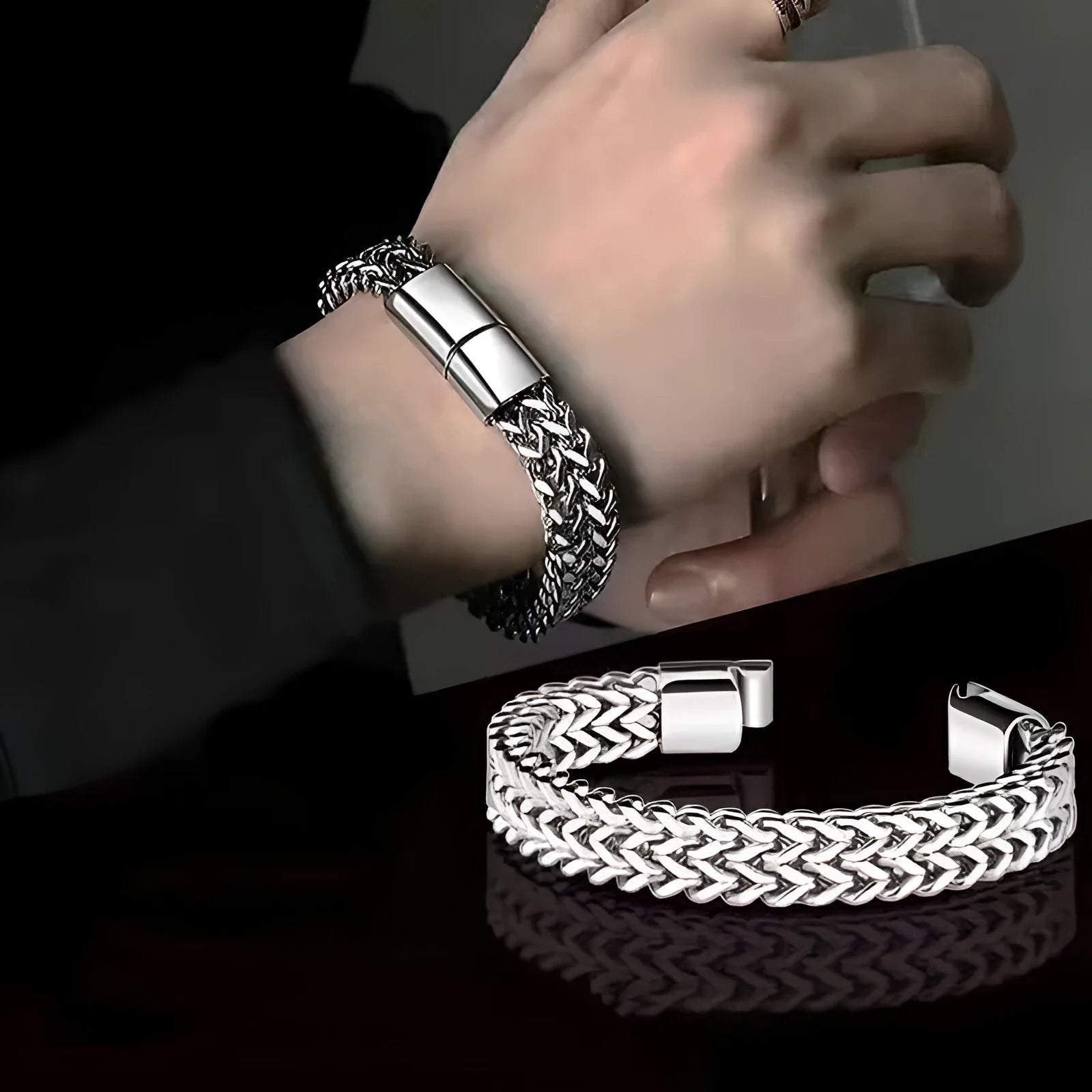Silver geometric men's stainless steel bracelet shown in 4x8mm and 5x10mm link styles.