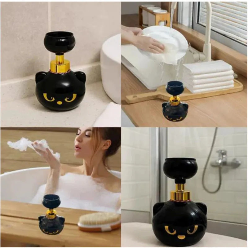 Black plastic cartoon cat-shaped foam soap dispenser with pump mechanism