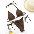 Women's polka dot print bikini in brown dot, watermelon gradient, and orange dot patterns