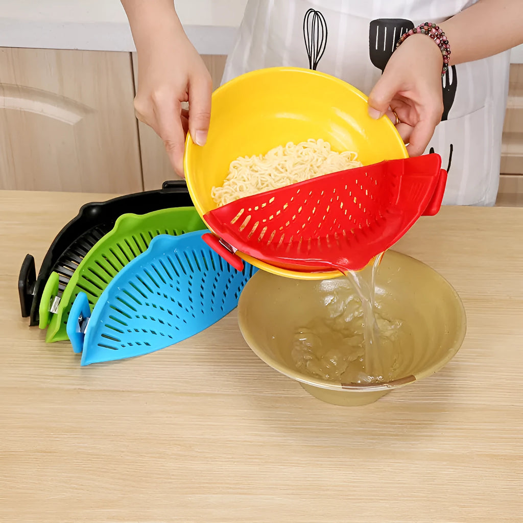 Silicone clip-on kitchen funnel with stainless steel buckle for pot draining and rice washing