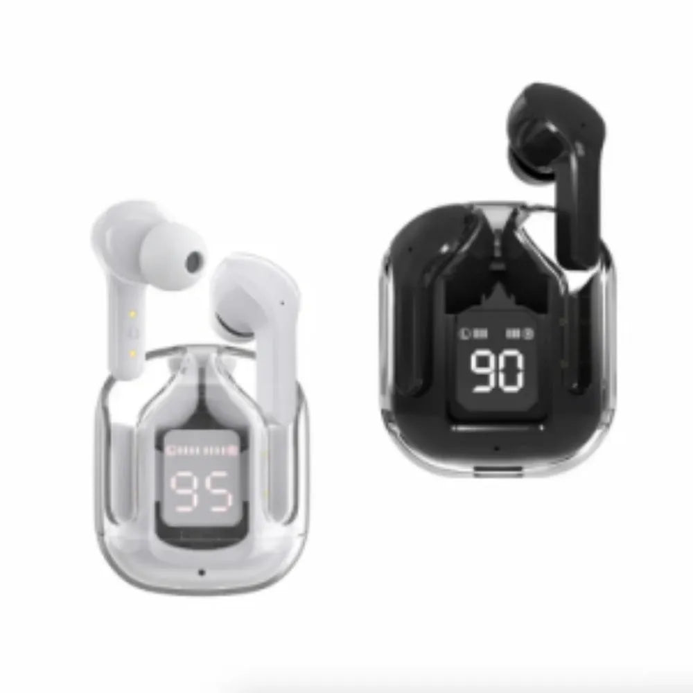 Transparent space capsule true wireless Bluetooth headset with digital display and plastic case in various colours