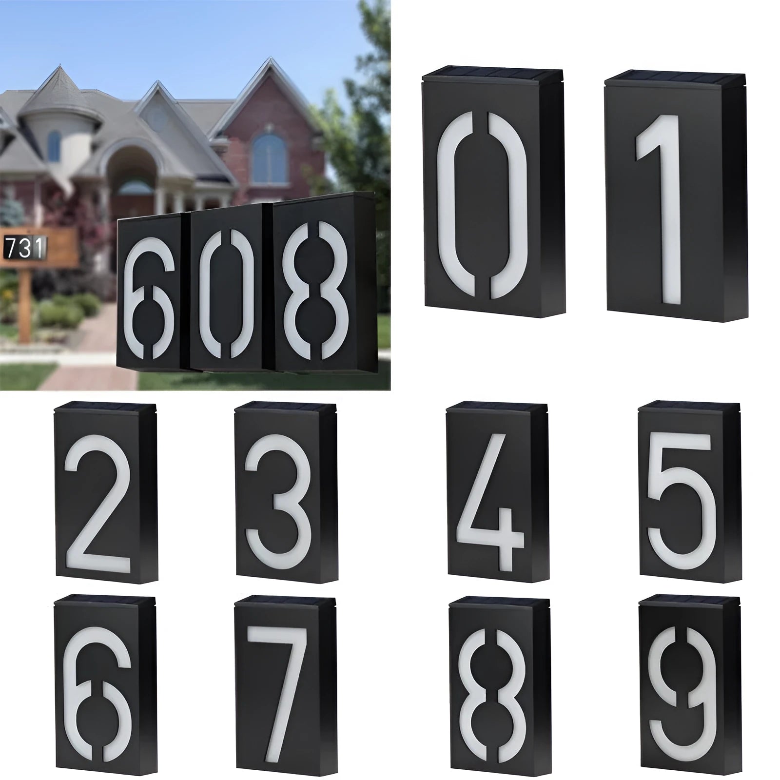 Solar powered house number light with 6 LEDs and IP65 waterproof rating mounted on an exterior wall.