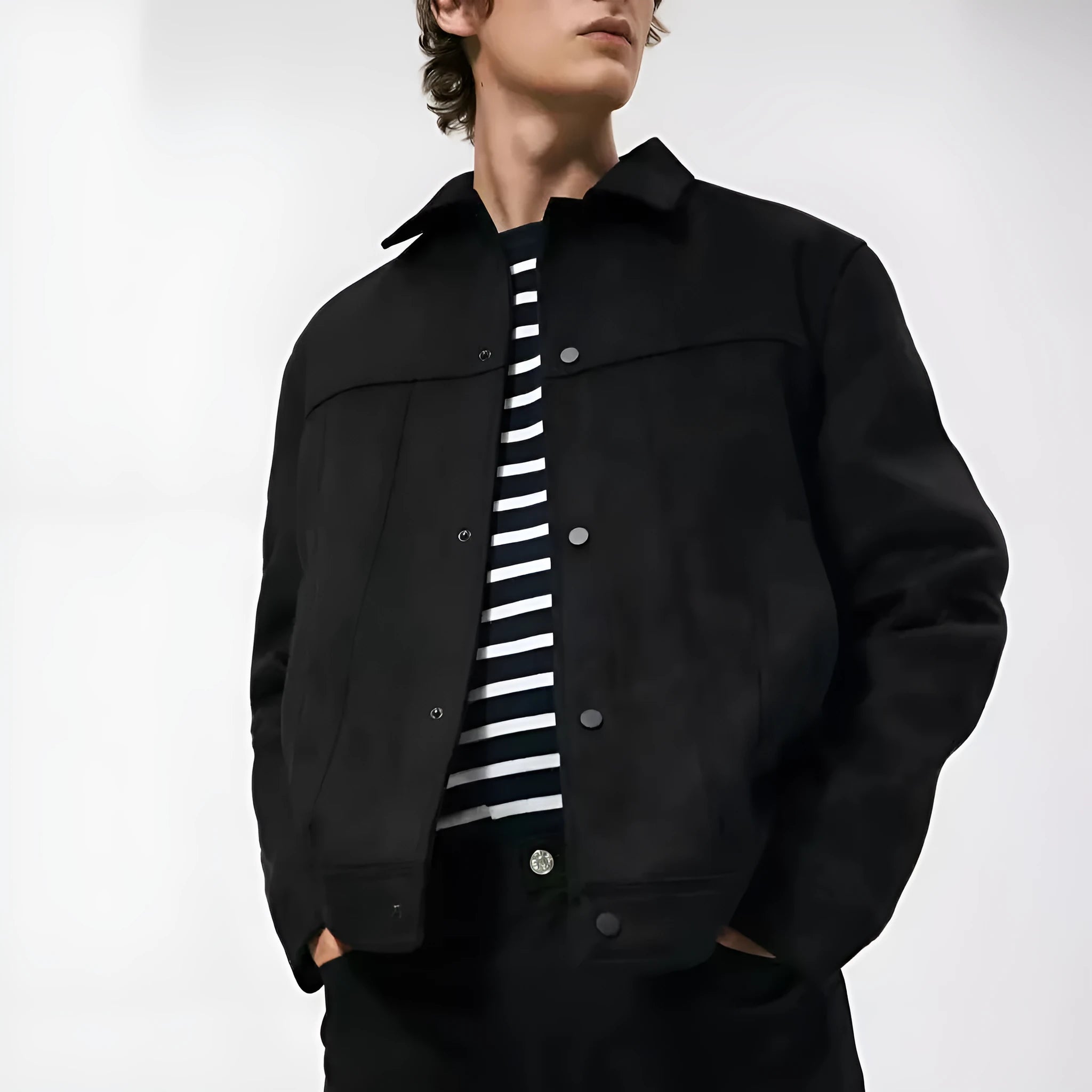Black men's hooded jacket with suede collar, side pockets and straight hem