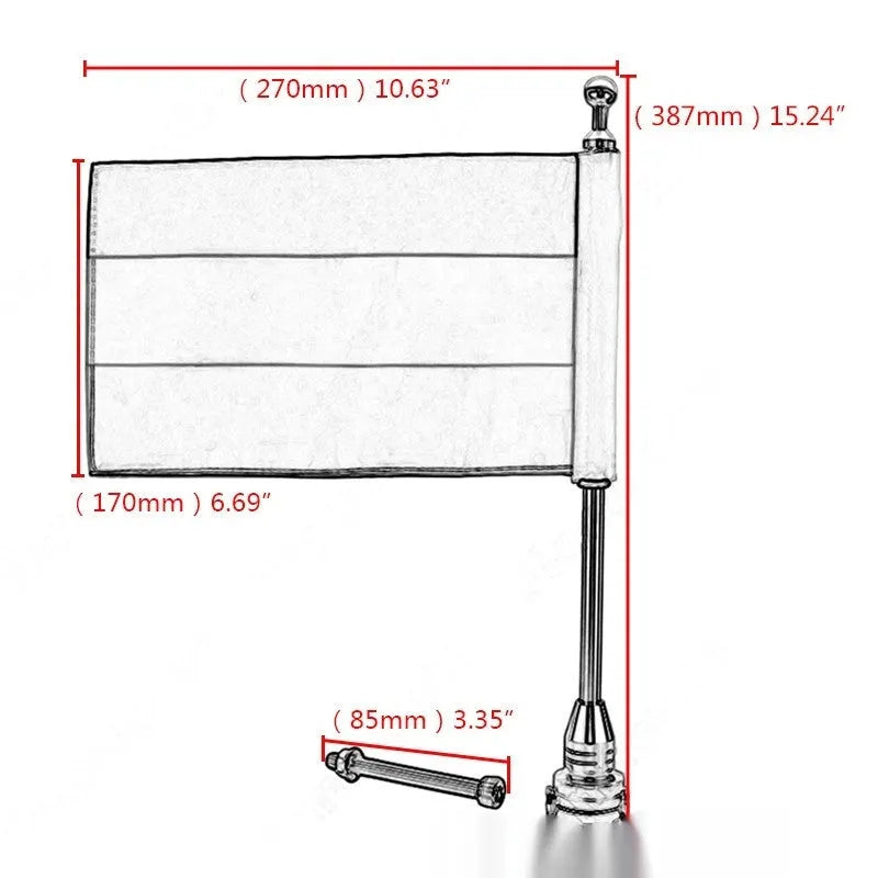 Metal motorcycle flagpole for mounting on luggage rack, shown in black and silver finish options.