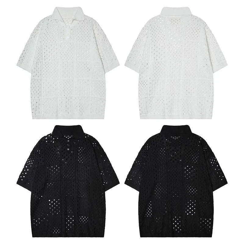 Short-sleeved polo shirt with hollow knit design in black colour showing loose fit