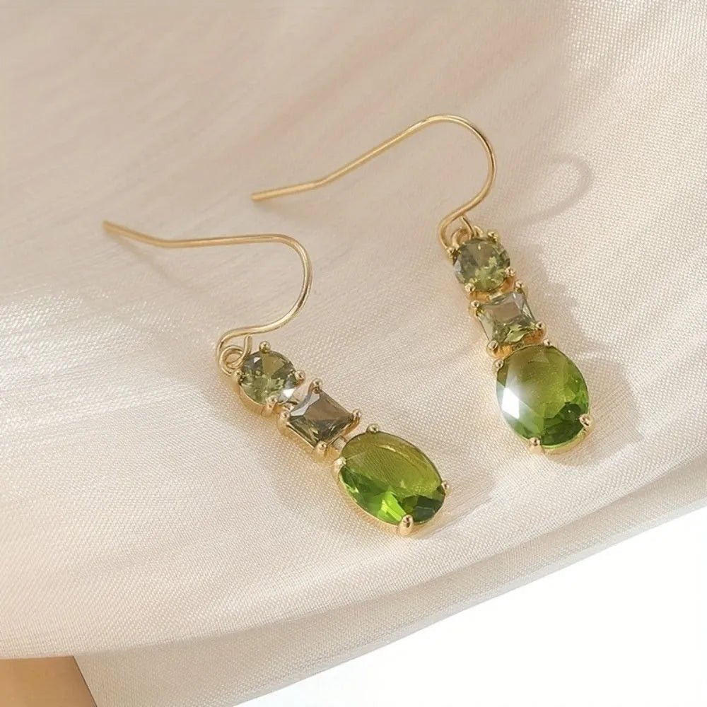 Green geometric bohemian earrings with quadrilateral design on copper alloy
