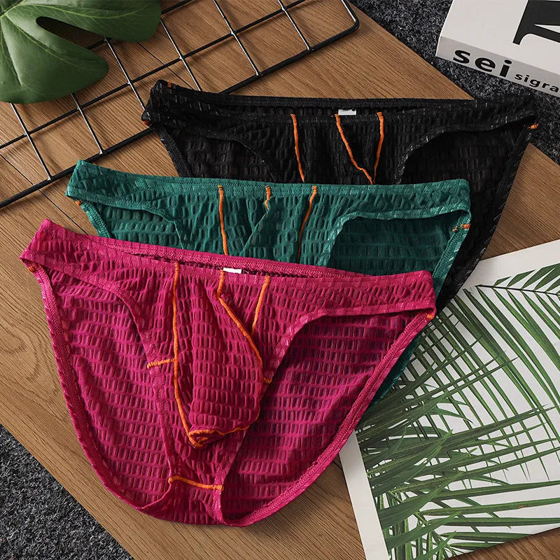 Men's low waist ice silk and lace briefs in rose red colour on a white background