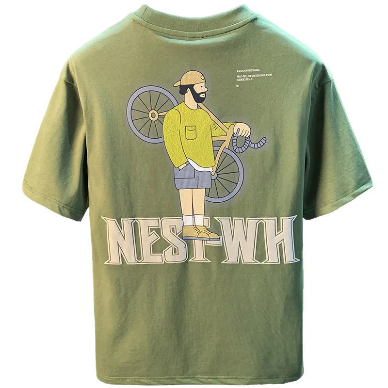Green loose fit men's t-shirt with literary youth print, short sleeves