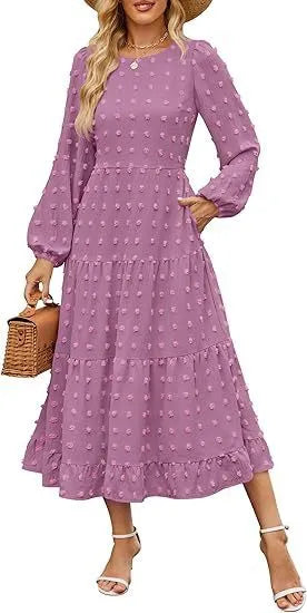 Women's long sleeve autumn dress with high waist and ruffle sleeves in solid colour