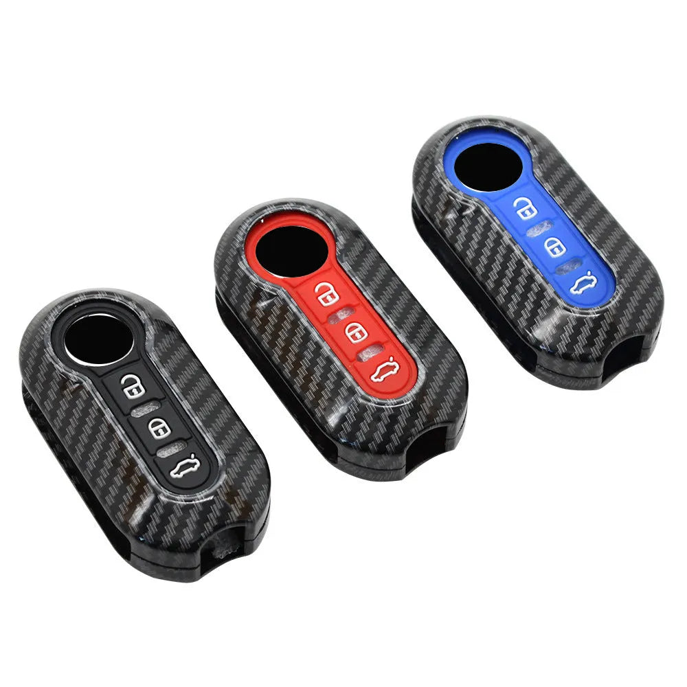 Fiat 500 carbon fibre key shell case in black, red, and dark blue colours for Boyue Ottimo Viaggio models