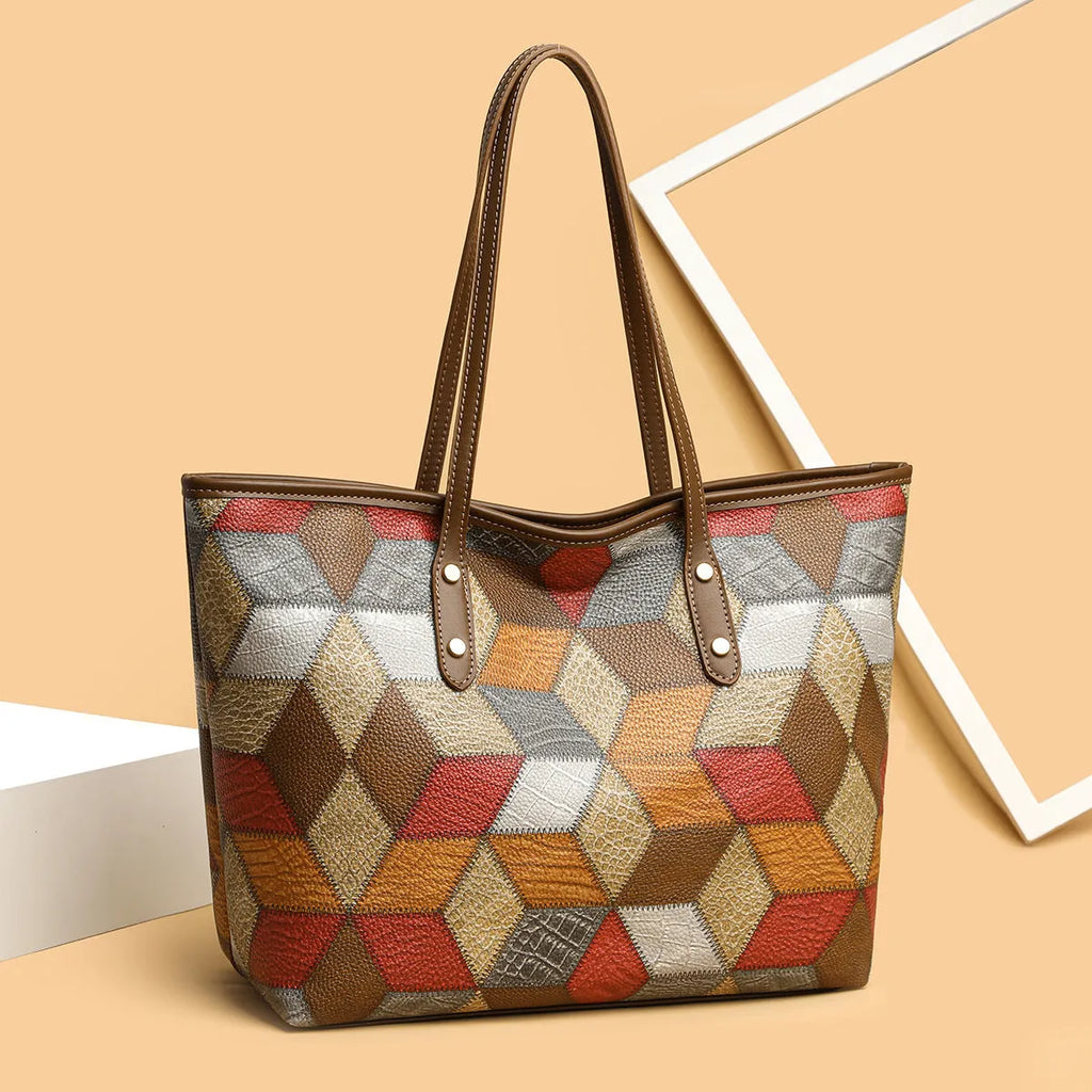 Blue brown women's PVC handbag with sandwich pocket design for business and travel