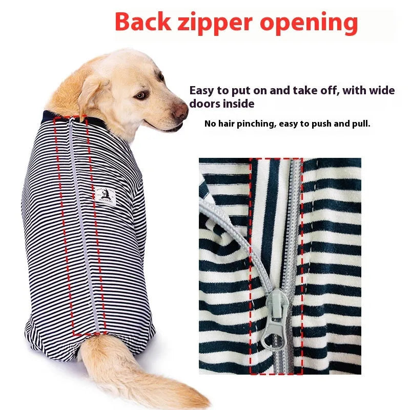 Four-legged striped dog shirt for golden retrievers and labradors in lightweight polyester material