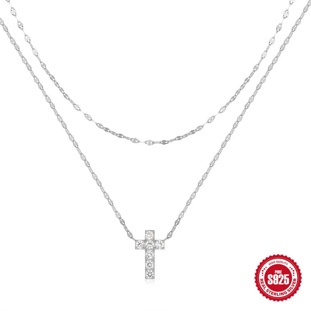 Sterling silver double layer twin diamond cross pendant necklace with geometric design on clavicle chain