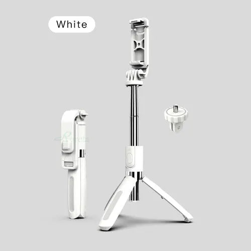 Black Bluetooth selfie stick with wireless remote extended to maximum length with smartphone attached