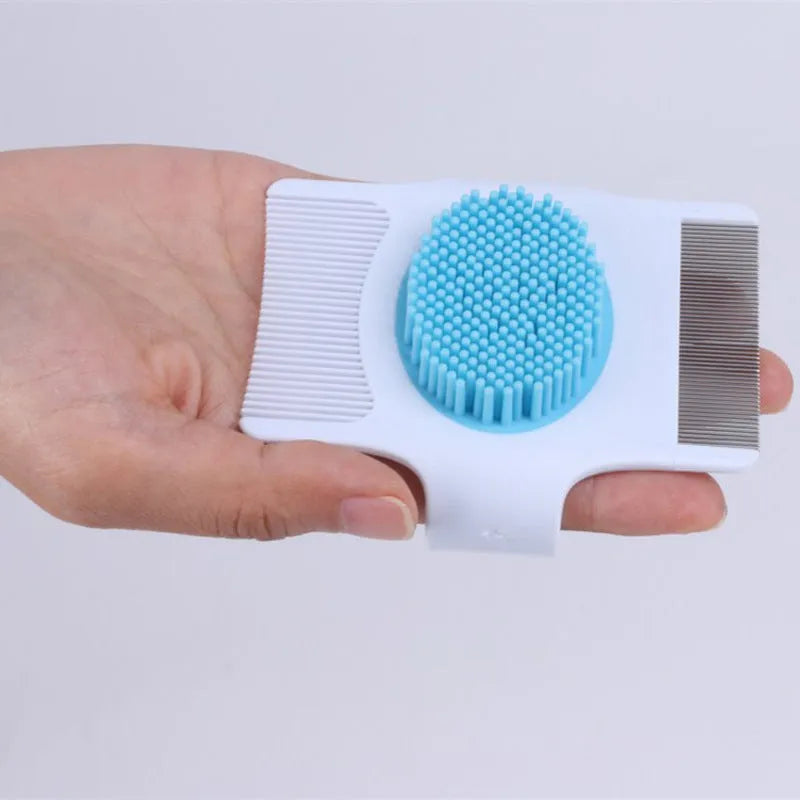 Blue and green multifunctional pet comb for dog grooming with hair removal, massage, and flea control features
