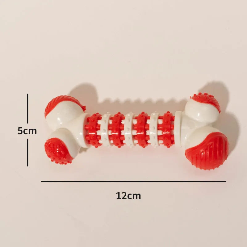 Blue bone-shaped rubber dog toy for small breeds with a treat holder in the centre