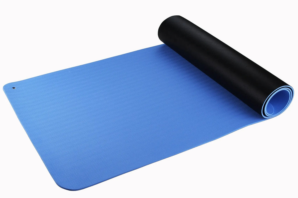 Blue conductive yoga grounding mat with plants and flowers pattern, measuring 182cm x 61cm