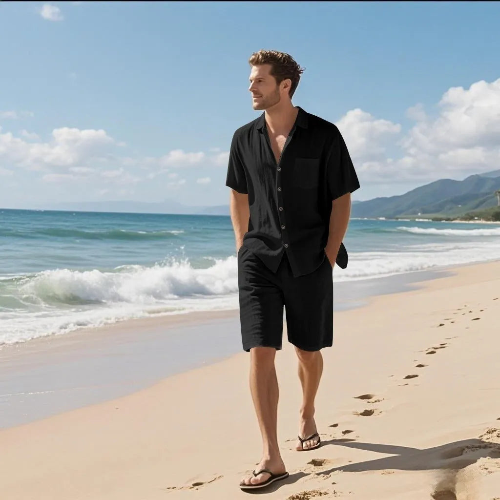 Linen blend casual short sleeve shirt and matching shorts set laid flat, shown in light blue colour.