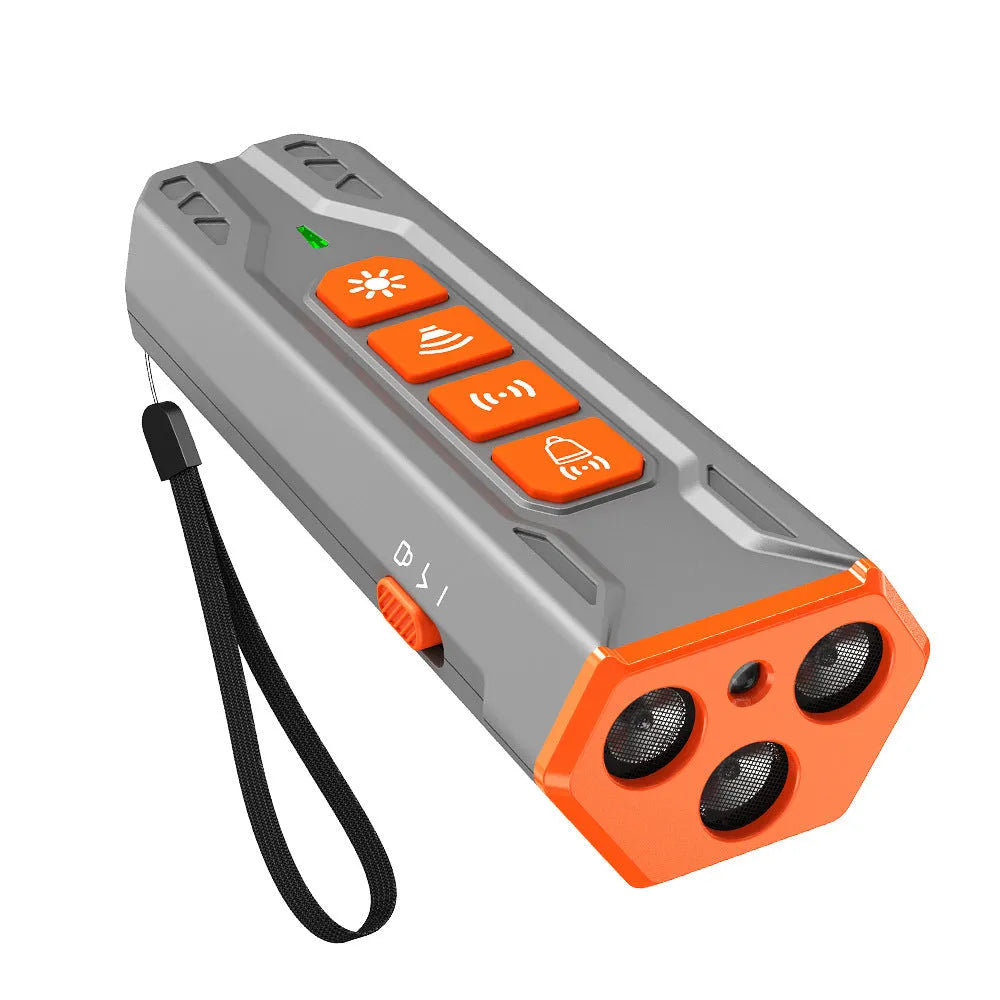 Three-head ultrasonic dog trainer with adjustable frequency control in grey orange colour