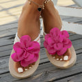 Plus size green PU slipper with round toe holder and flower strap, shown next to rose red and beige colour options.
