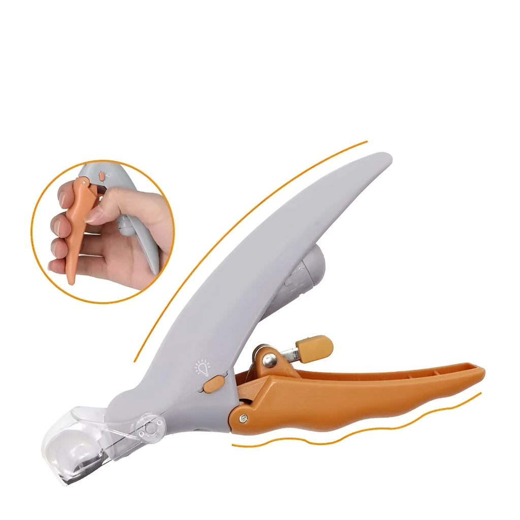 Yellow pet nail clippers with LED light and magnifying lens for dog and cat grooming