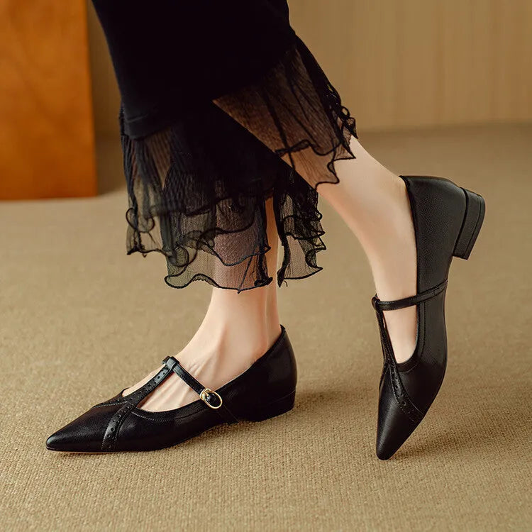 Women's brown pointed toe low-cut flat shoes in cowhide leather with metal details