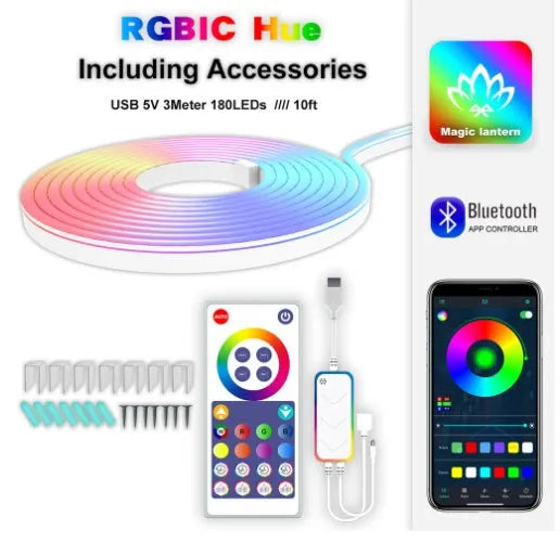 3 metre long RGB neon light strip showing colour-changing LEDs with remote control