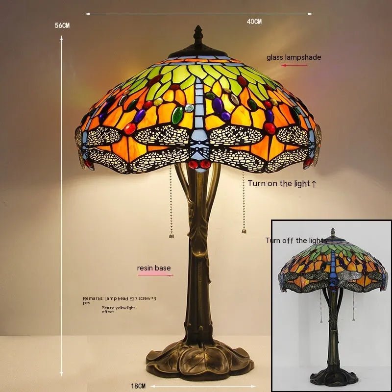 Stone table lamp with Tiffany-style dragonfly design in retro European style