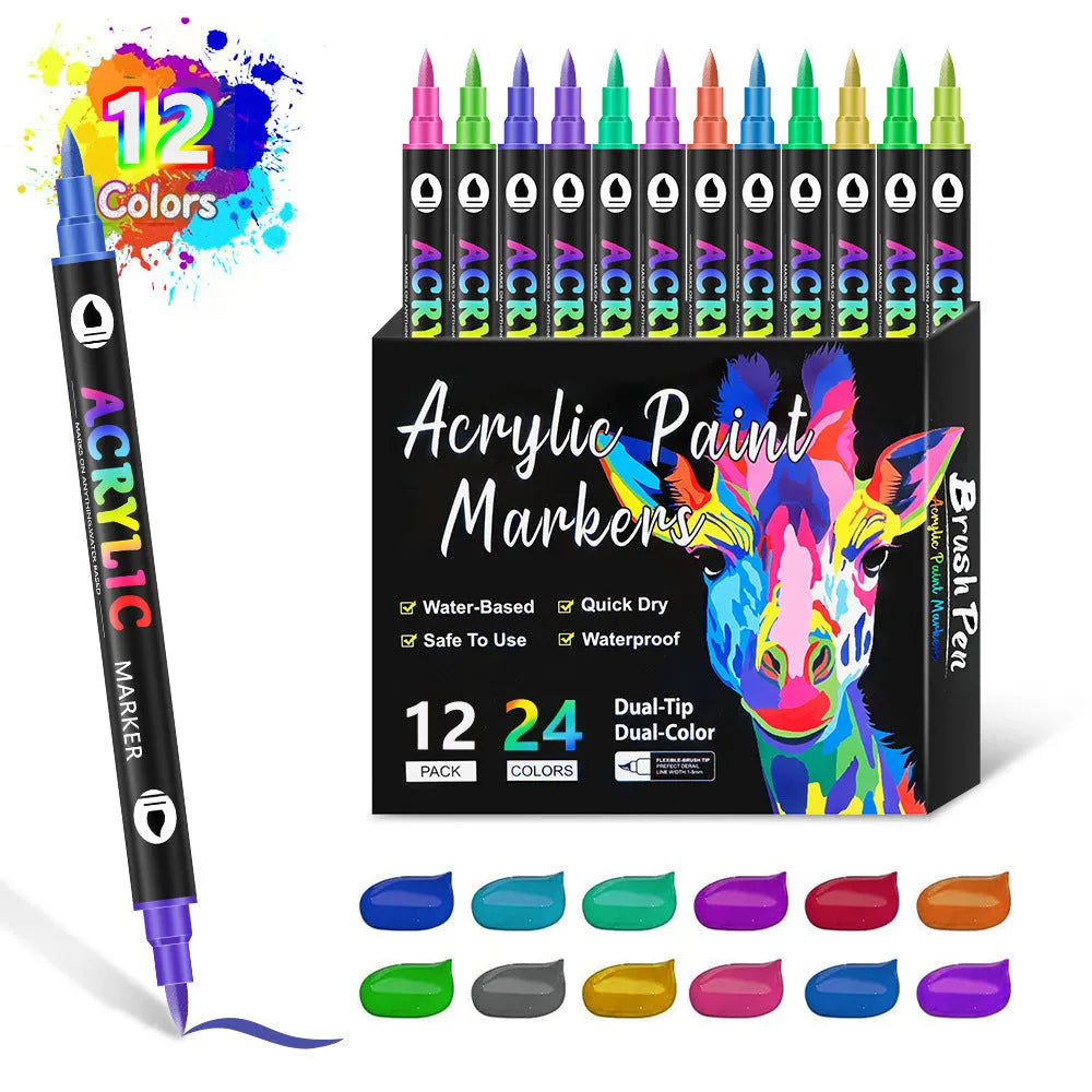 Double-headed acrylic marker pens in various colours showing both fine and broad tip options