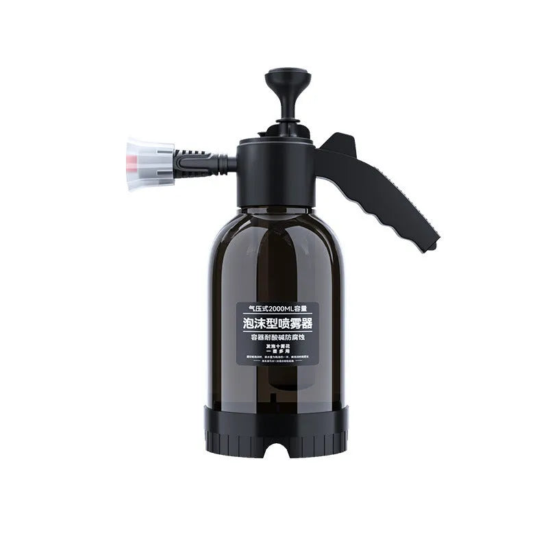 Black 2L hand-held foam spray watering can with two nozzles and a switch lock for car washing and gardening.