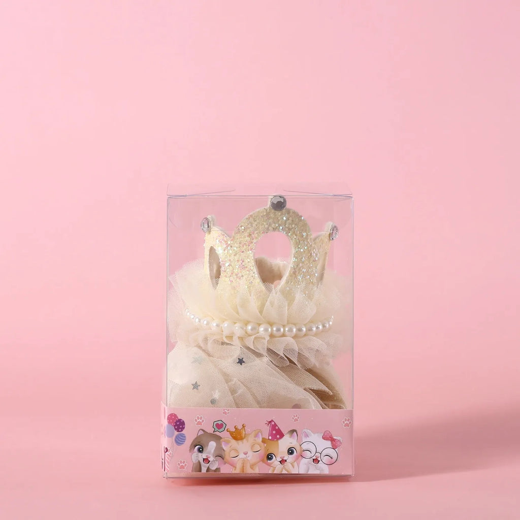 Pet cat wearing a princess crown headdress with a long veil, available in beige or pink.