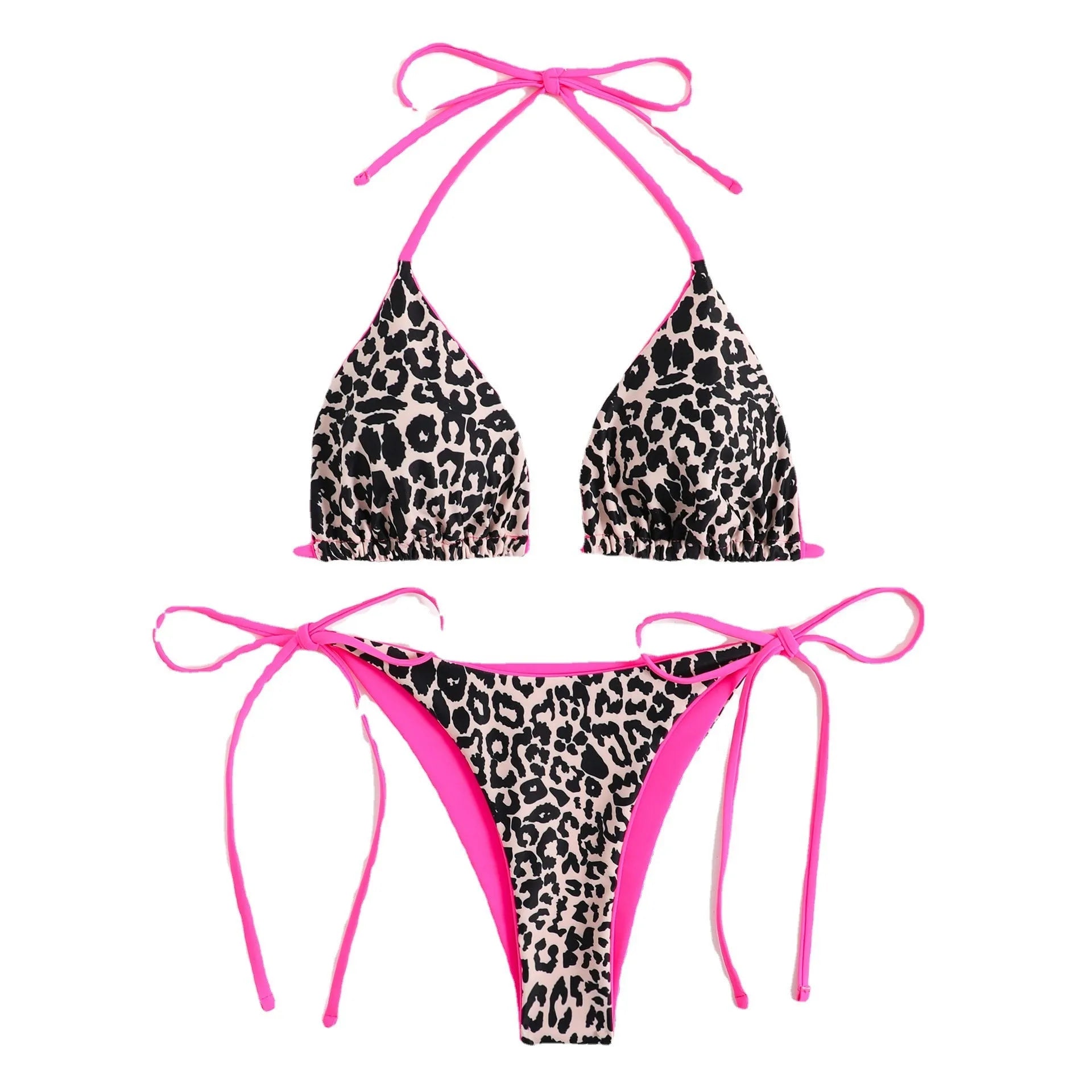 Women's lace-up front triangle bikini top with high-waisted split-leg swimsuit bottoms.