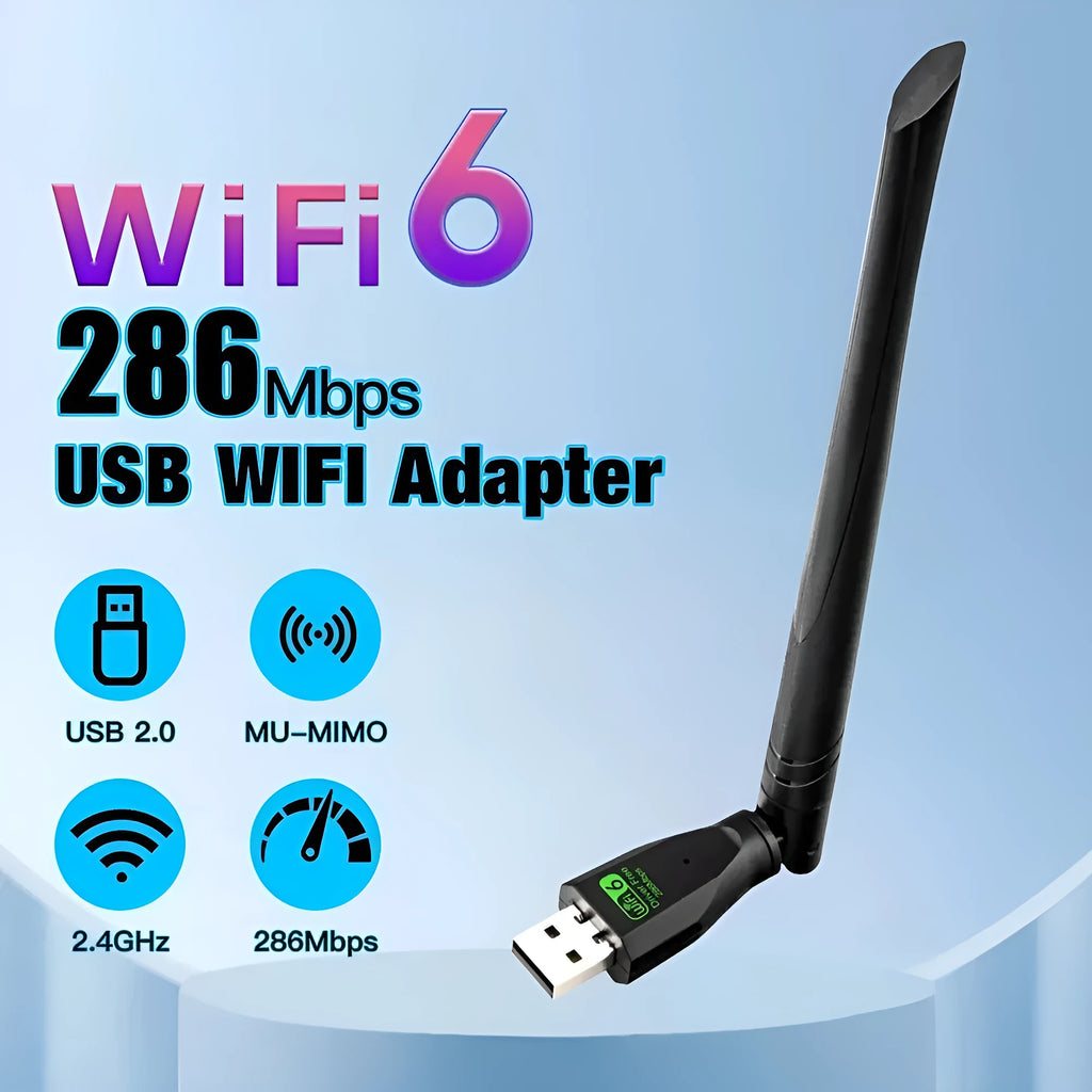 Black USB WiFi6 wireless network adapter with driver-free installation for computers.