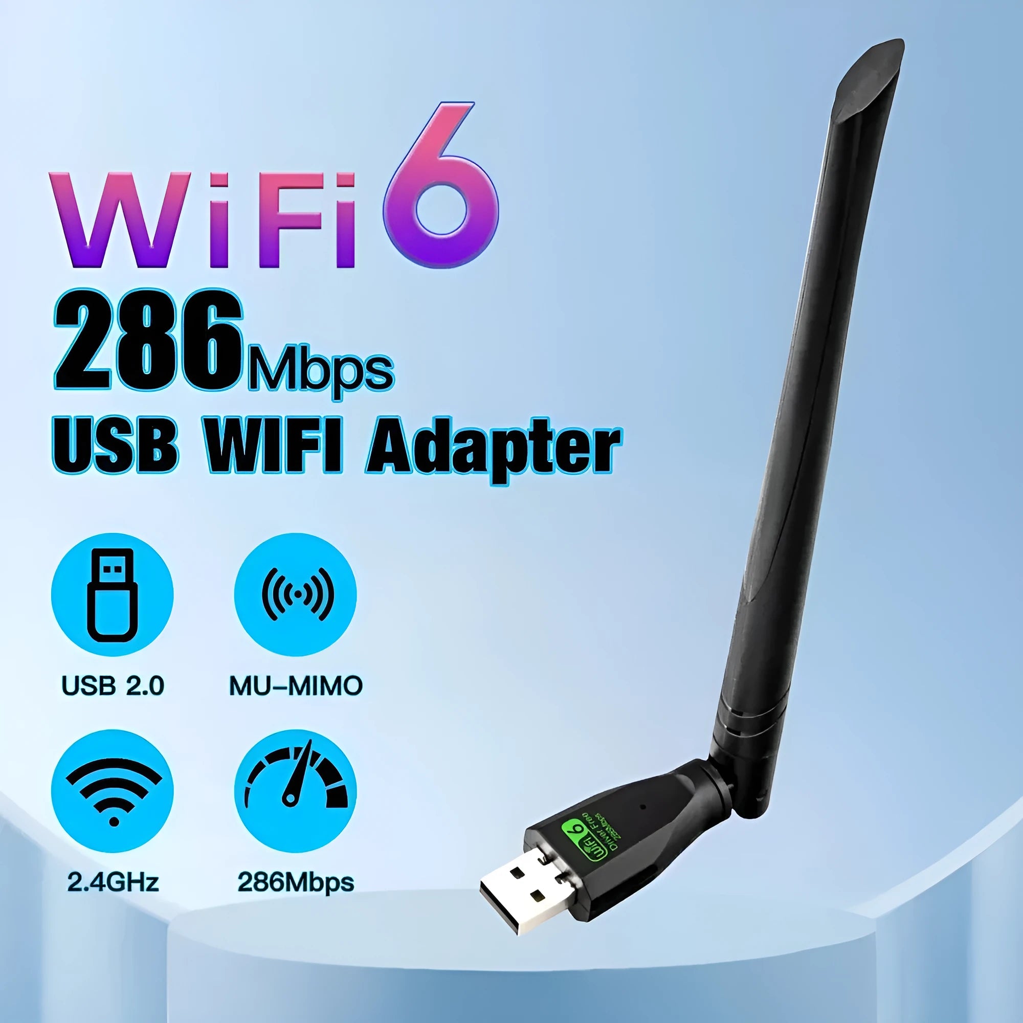 Black USB WiFi6 wireless network adapter with driver-free installation for computers.