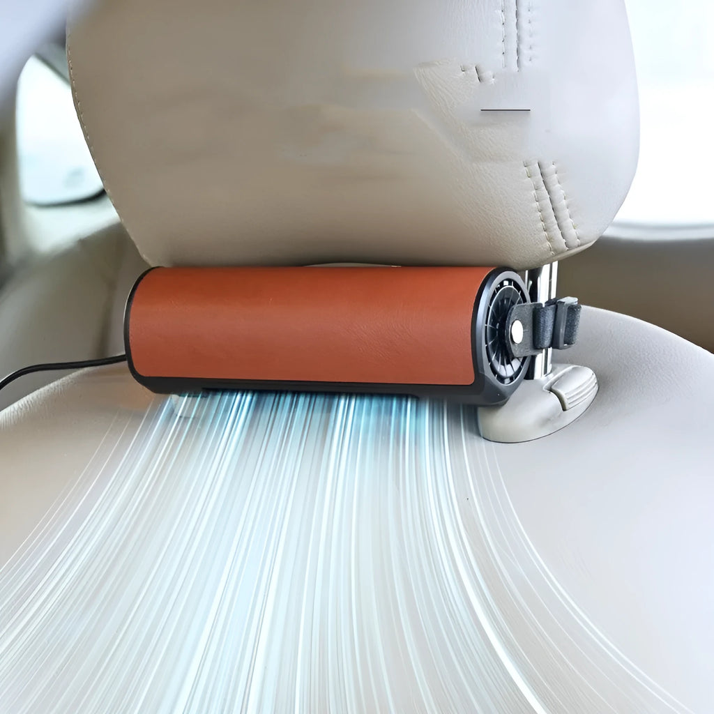 Bladeless car ventilation fan with USB power connection and three speed buttons