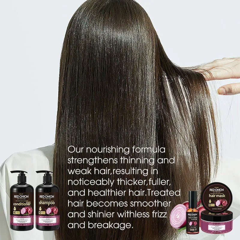 Four-piece red onion shampoo conditioner set with 500ml bottles, 250ml hair mask and 50ml essential oil