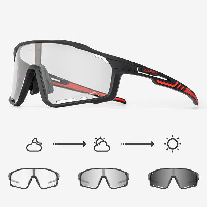 Photochromic cycling sunglasses with a semi-rimless TR90 frame on a solid colour background.