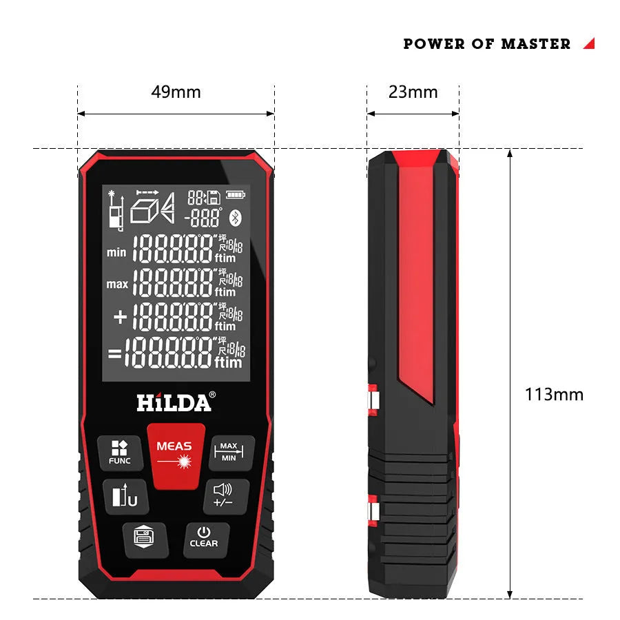 Handheld plastic laser rangefinder for distance measurement up to 120 metres