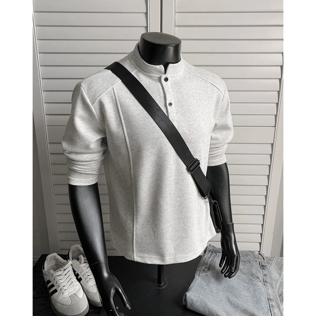 Men's gray patchwork stand-up collar long sleeve cotton sweater shirt on hanger
