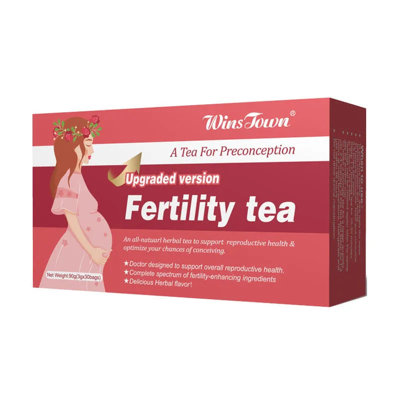 Box of fertility tea containing 90 individual tea bags for herbal reproductive support.