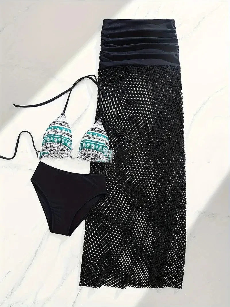 Women's brown gradient bikini set with fishnet long skirt, laid flat showing all three pieces.
