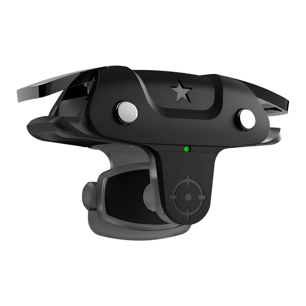 Black F5 mobile game controller showing compact dimensions and USB connection for phone gaming