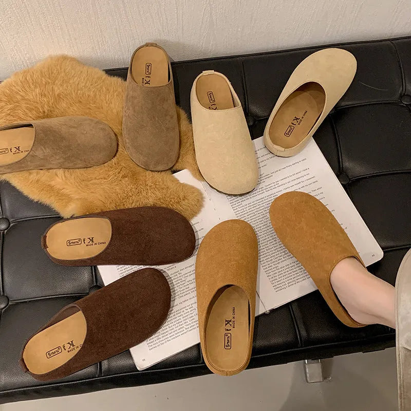 Ugly Soft Flat Korean style slip-on slippers in apricot colour showing square toe and flat design.
