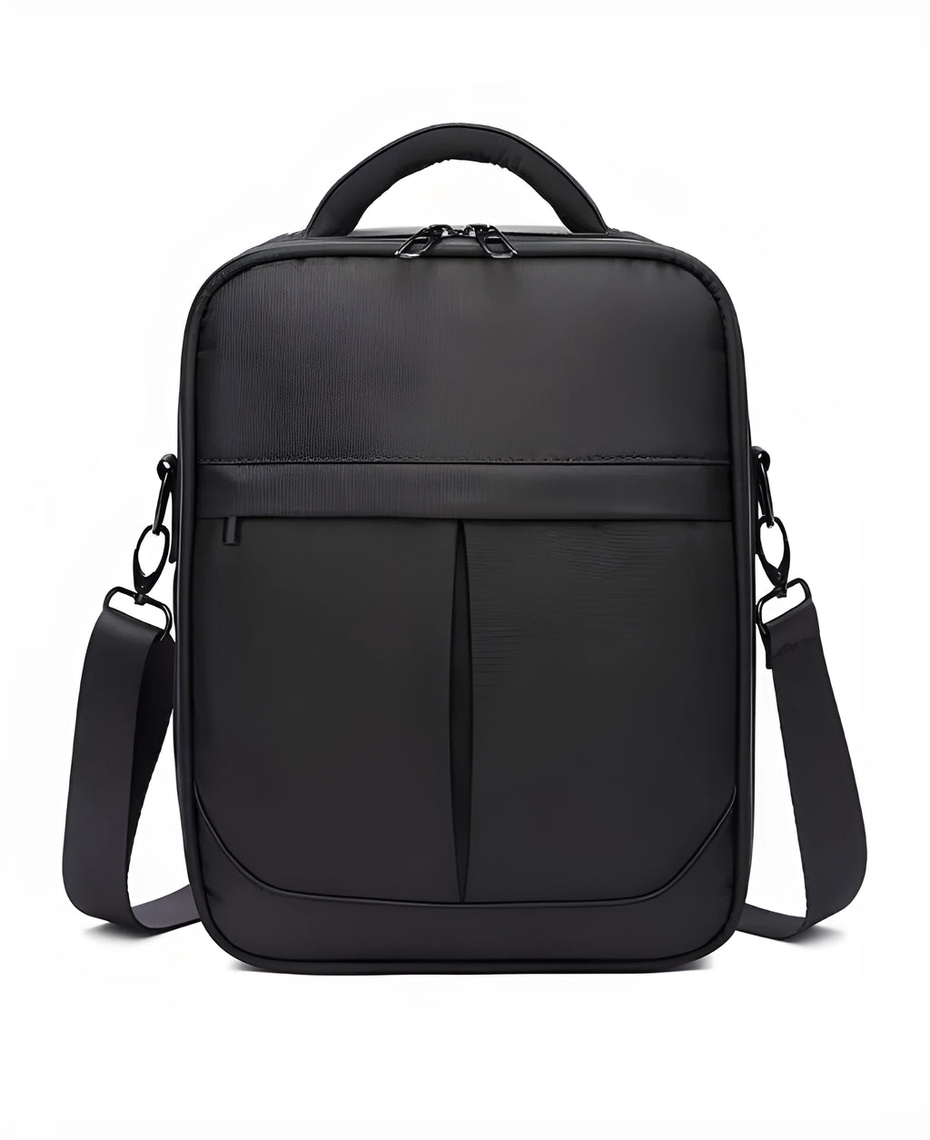 Black Oxford fabric men's messenger shoulder bag showing its size and style.