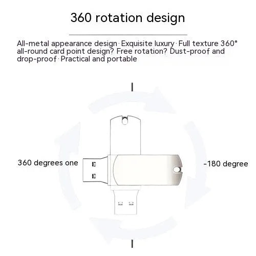 White small fat USB flash drive with rotating metal casing showing 16GB capacity