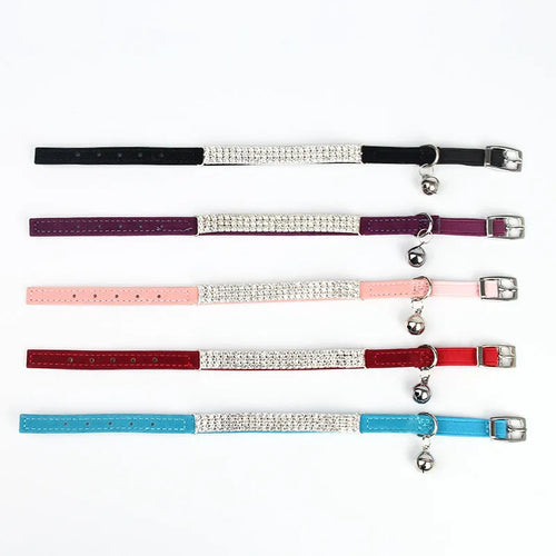 Red suede velvet cat collar with rhinestone, adjustable 20-30cm length.