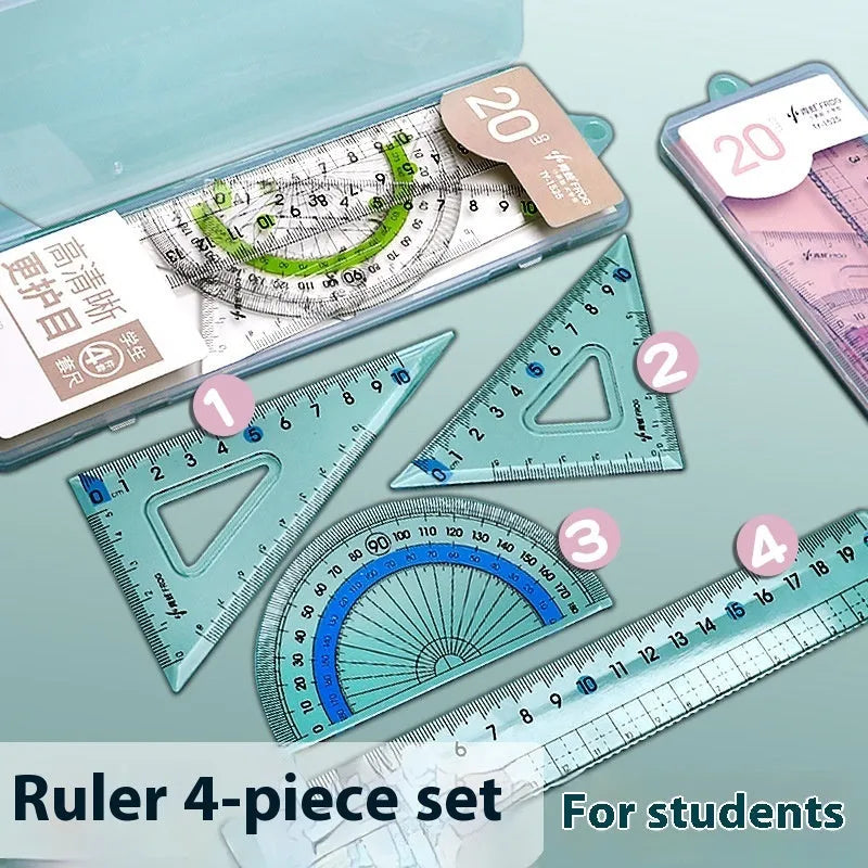 Transparent acrylic drawing ruler set with protractor for technical drafting and geometry